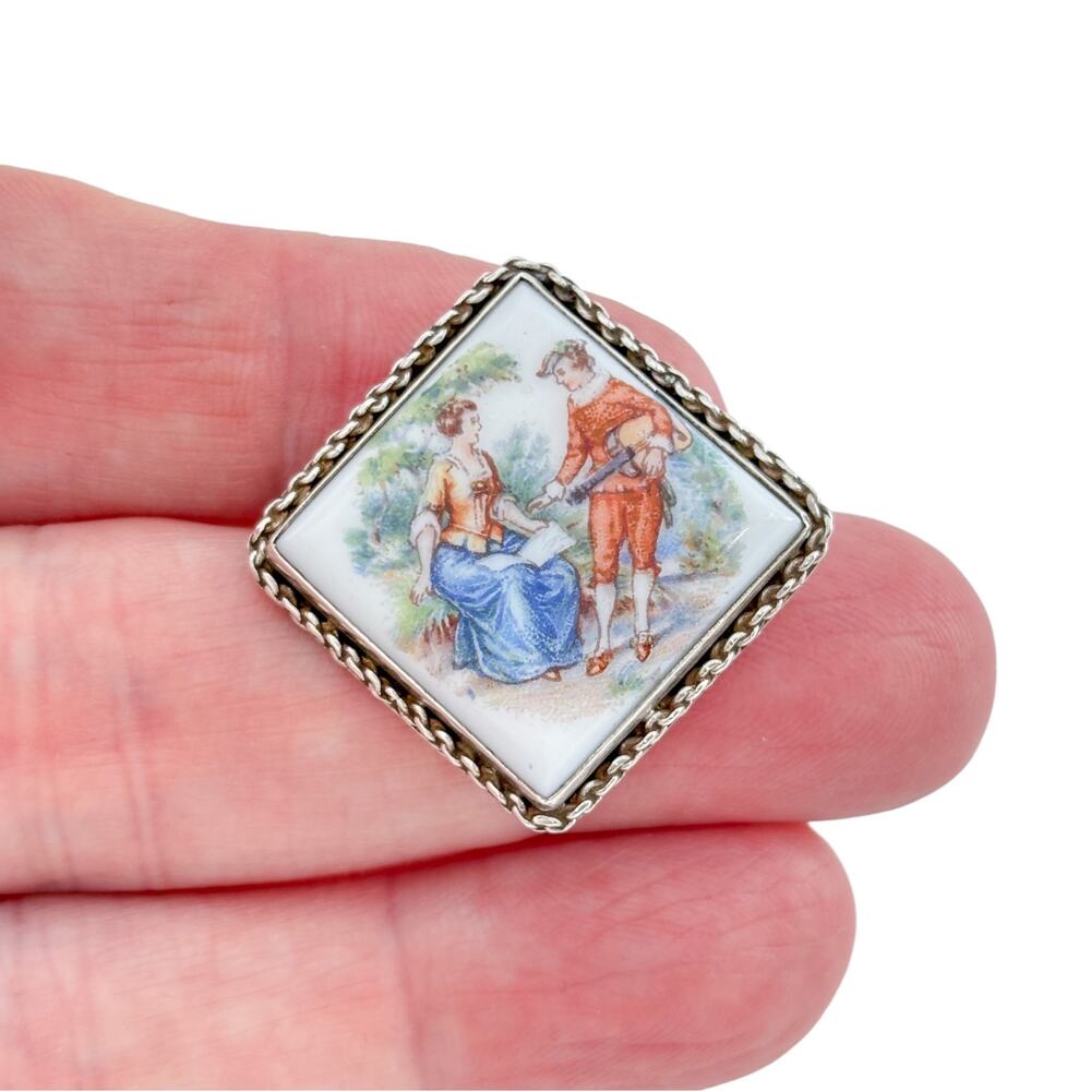 Vintage Mexico Sterling Silver 925 Limoges Style Porcelain Brooch Pendant